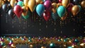 Party atmosphere dark background. Birthday party balloons, colorful balloons background. Generative AI.