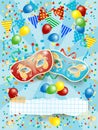 Party background with carnival masks, banner, balloons and festoon