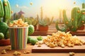 Party background with popcorn, peanuts and cactus decoration on wooden table. Brazilian summer harvest festival concept Royalty Free Stock Photo