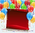 Party background with red paper, confetti and balloons Royalty Free Stock Photo