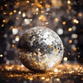 Party ball around gold falling confetti. New Year\'s party and celebra