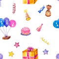 Party balloons, cake, presents and confetti in a seamless pattern. Royalty Free Stock Photo