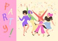 Party banner or invitation design with dancing women, flat vector illustration. Royalty Free Stock Photo