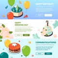 Party banners. Birthday cakes colored pictures children event presentation cards vector backgrounds Royalty Free Stock Photo