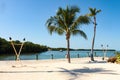 Party beach in the Florida Keys with sea birds and tiki torches and palm trees and boats out in the water nearby Royalty Free Stock Photo