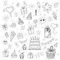 Big set of birthday doodle elements. Cakes, gift boxes, balloons, confetti, party hats, and other party decoration. Royalty Free Stock Photo