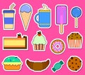Party big set with different sweets - cake, ice cream, donuts, cupcakes, chocolate bar, candies. Flat design Vector