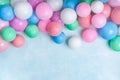 Party or birthday banner with colorful balloons on blue background top view. Flat lay style Royalty Free Stock Photo