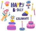 Party and birthday decorative items. Flowers, cakes, candles, pancakes and lettering. Birthday concept. Flat vector illustrations Royalty Free Stock Photo