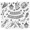 Party birthday doodle vector set. Happy birthday celebration hand drawn clipart big collection. Anniversary decoration objects