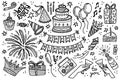 Party birthday doodle vector set. Happy birthday celebration hand drawn clipart big collection. Anniversary decoration objects