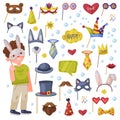 Party Birthday Photo Booth Props and Happy Little Boy Vector Set Royalty Free Stock Photo