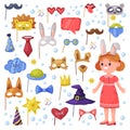 Party Birthday Photo Booth Props and Happy Little Girl Vector Set Royalty Free Stock Photo