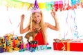 Party blond kid girl happy with puppy present Royalty Free Stock Photo