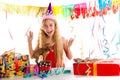 Party blond kid girl happy with puppy present Royalty Free Stock Photo