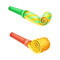 Party blowers set. Happy birthday, holiday celebration symbols cartoon vector illustration Royalty Free Stock Photo