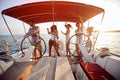 Party the boat at the sunset.Friends have fun at vacation Royalty Free Stock Photo