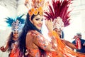 Party, brazil and carnival with woman dancers together in celebration of the new year in rio de janeiro. Portrait, dance