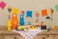 Decorated, colorful and cheerful table with typical sweet and savory foods to celebrate the Brazilian June party. `Festa Junina`. Royalty Free Stock Photo