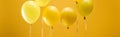Party bright minimalistic balloons on yellow background, panoramic shot.