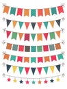 Party bunting. Flat yellow, green flags for birthday background. Colored garland decoration on celebration banner. Triangles