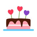 Party cake with color heart shape candy flat icon.