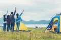 Party Camping.  Group asian family and friends travel enjoy party and roasted sausages relax in vacations. Royalty Free Stock Photo