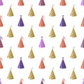 Party caps. Seamless pattern bright multicolor carnival festive cone with ribbon and ornament, birthday design for