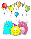 Party card. Funny monsters, balloons and confetti