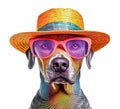 Party cartoon fancy dog wearing colorful rainbow summer hat and purple sunglasses isolated over white background. Created with Royalty Free Stock Photo