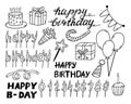 Party and celebration design balloon, gifts, fireworks, ribbon, confetti, cake drinks. Set of Happy Birthday doodles