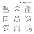 Party celebration thin line icons set. Birthday, holidays, event, carnival festive. Basic party elements icons Royalty Free Stock Photo