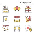 Party celebration thin line icons set. Birthday, holidays, event, carnival festive. Basic party elements icons Royalty Free Stock Photo