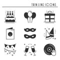 Party celebration thin line icons set. Birthday, holidays, event, carnival festive. Basic party elements icons Royalty Free Stock Photo