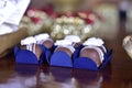 Party chocolate candies in blue packaging on defocused background