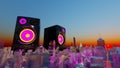 Party in the city at sunset, concept. Colossal loudspeakers over a vibrant, colorful city. Digital 3D render