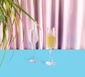 Party concept made of unique, luxurious crystal glasses with sparkling drinks in it arranged with tropical leaves beside. Lovely