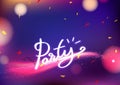 Party, confetti lettering calligraphy, celebration fantasy colorful paper scattered falling explosion with stars and comets