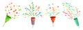 Party confetti popper. Exploding birthday celebration confetti poppers and flying congratulations ribbons cartoon vector set Royalty Free Stock Photo