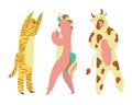 Party costumes people dressed in kigurumi, onesies representing various animals and characters flat cartoon vector