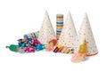 Party crackers and different festive items on white background Royalty Free Stock Photo