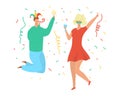 Party dance people, birthday celebration, young man and woman in clown hat and wig dancing disco music vector