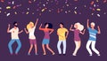 Party dancers. Happy young persons dance, celebrate on corporate holiday, joyful woman man dances with falling confetti Royalty Free Stock Photo