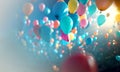 Party decoration, various colorful balloons flying in the blue sky, Holiday card Flat lay Top view Happy Birthday Royalty Free Stock Photo