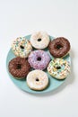 Party desserts. Freshly baked various delicious colourful round glazed donuts with sprinkles on the plate over white