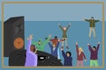 Party DJ with dancing crowd retro illustration