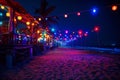 party and drink at the summer beach night. blue and red colors. neon and flashlights