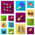 Party, entertainment flat icons in set collection for design. Celebration and treat vector symbol stock web illustration Royalty Free Stock Photo