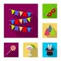 Party, entertainment flat icons in set collection for design. Celebration and treat vector symbol stock web illustration Royalty Free Stock Photo