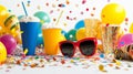 Party essentials confetti, popcorn, and colorful drinks set the mood for a fun-filled celebration Royalty Free Stock Photo